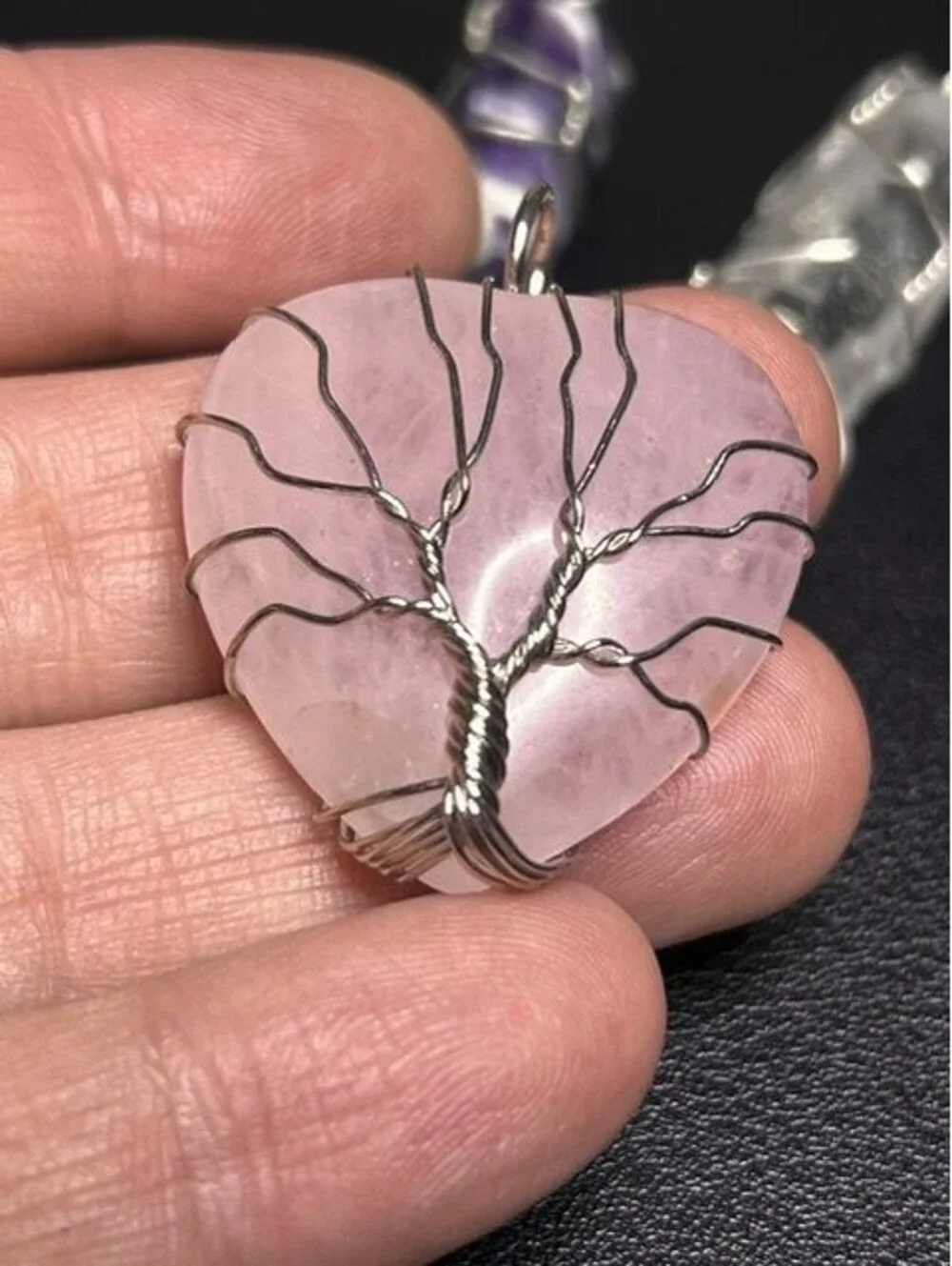 B6611 4pc Amethyst Rose Quartz Heart Tree of Life Pendant Wire Wrapped